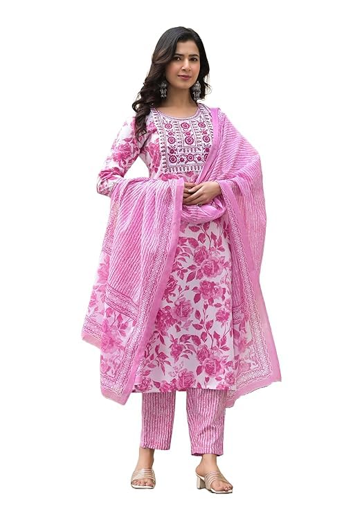 KLOSIA Women's Viscose Embroidery Floral Printed Anarkali Kurta And Pant Set With Dupatta | Kurta Set | Ethnic Set | Dupatta Set | Wedding Suit | Suit Set |
