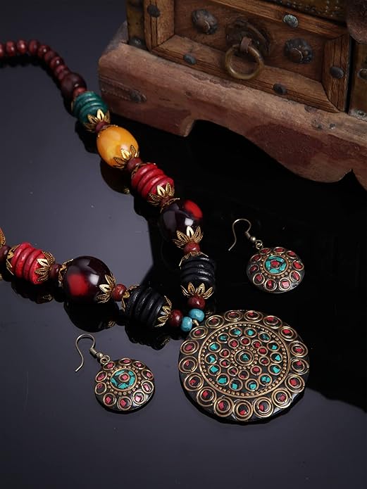 Shining Diva Fashion Latest Stylish Traditional Tibetan Pendant Necklace Jewellery Set for Women