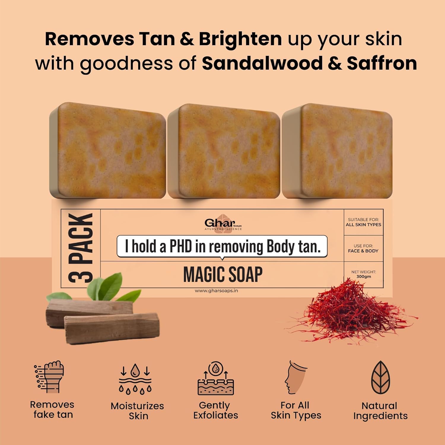 Ghar Soaps Sandalwood & Saffron Magic Soaps For Bath (300 Gms Pack Of 3) | Paraben Free | Chandan & Kesar Bath Soap | Handmade Soaps For Glowing | Skin Brightening Soap For Men & Women