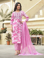 KLOSIA Women's Viscose Embroidery Floral Printed Anarkali Kurta And Pant Set With Dupatta | Kurta Set | Ethnic Set | Dupatta Set | Wedding Suit | Suit Set |