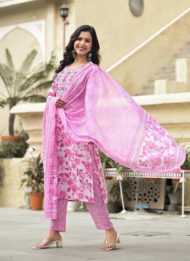 KLOSIA Women's Viscose Embroidery Floral Printed Anarkali Kurta And Pant Set With Dupatta | Kurta Set | Ethnic Set | Dupatta Set | Wedding Suit | Suit Set |