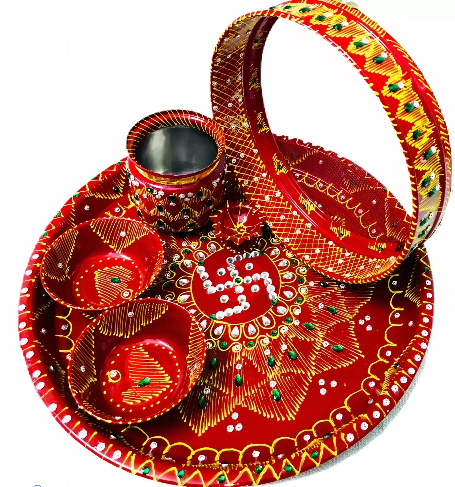 Handcrafted Karwachauth Thali Set, Red and Gold, Embellished with Beads and Gems, 6 Pcs, 11 inchs