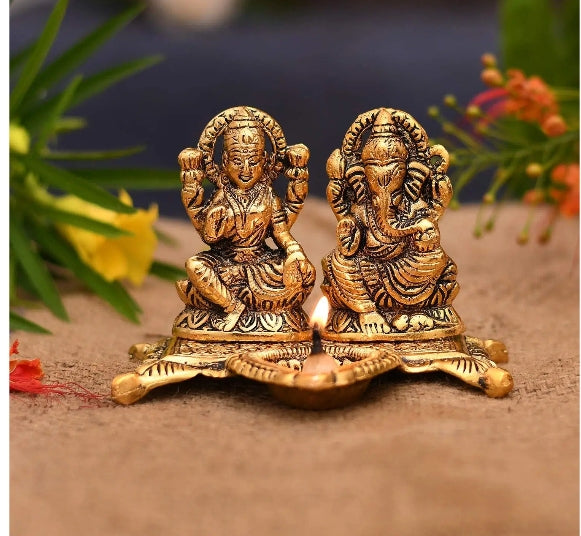 Metal Gold Plated Laxmi Ganesh Chowki Diya God Idol (Gold, 15X10X12 cm)