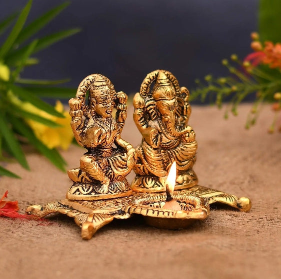 Metal Gold Plated Laxmi Ganesh Chowki Diya God Idol (Gold, 15X10X12 cm)
