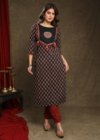 AMTHI 100% Cotton Printed Straight Women's Kurti - Black ( Pack of 1 )