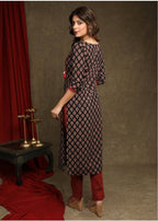 AMTHI 100% Cotton Printed Straight Women's Kurti - Black ( Pack of 1 )